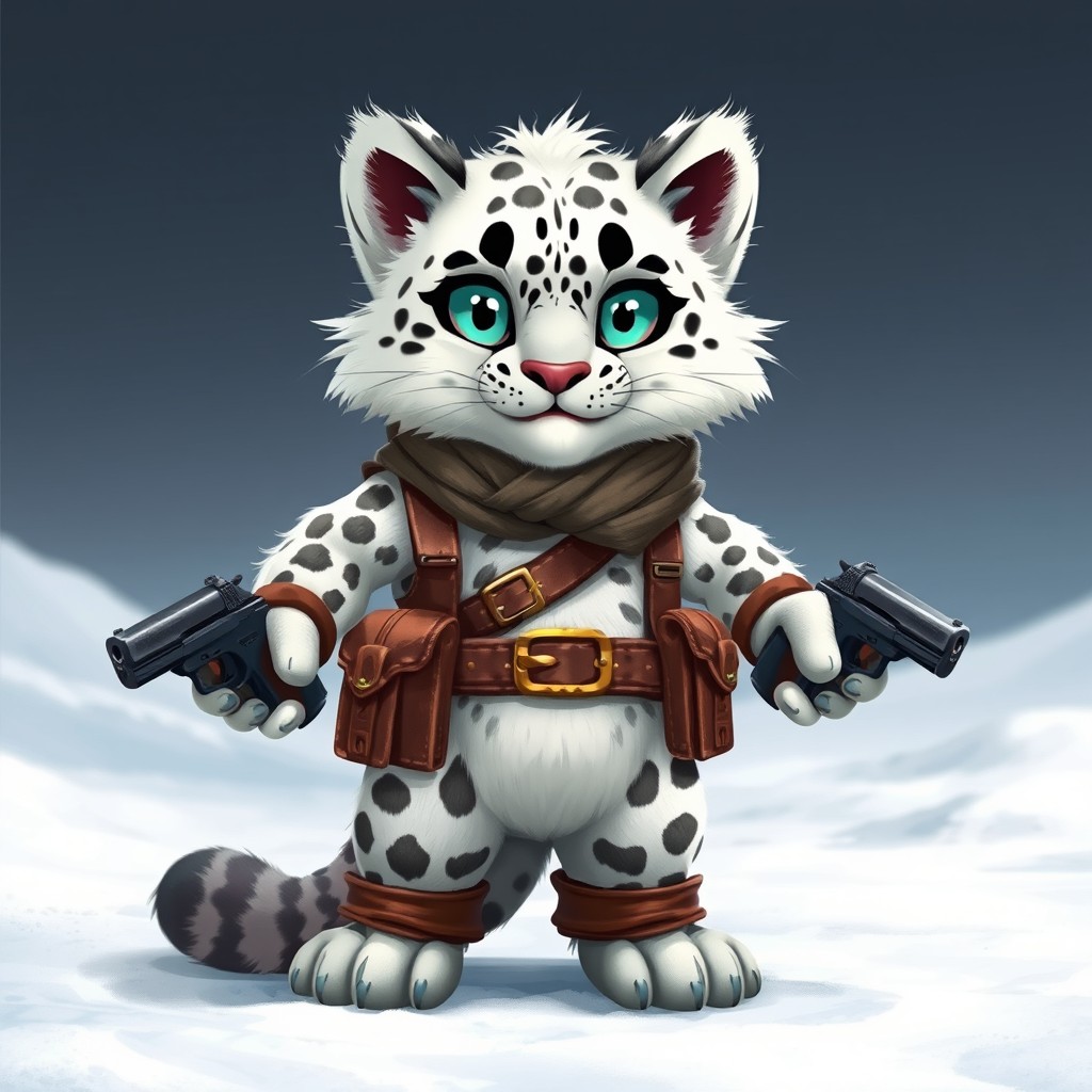 A fluffy snow leopard tabaxi character, standing confidently with a rugged, adventurous demeanor