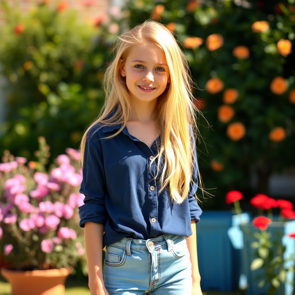 A slender Dutch girl with blonde hair, dressed in light blue jeans and a dark blue shirt, standing in a bright and cheerful outdoor setting