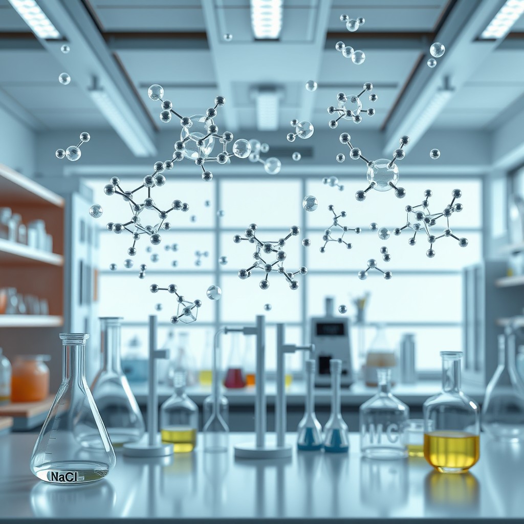 A realistic 3D image depicting gas atoms floating in the air inside a chemical laboratory
