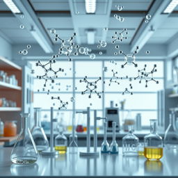 A realistic 3D image depicting gas atoms floating in the air inside a chemical laboratory