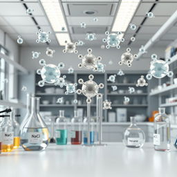 A realistic 3D image depicting gas atoms floating in the air inside a chemical laboratory