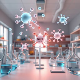 A realistic 3D image depicting gas atoms floating in the air inside a chemical laboratory
