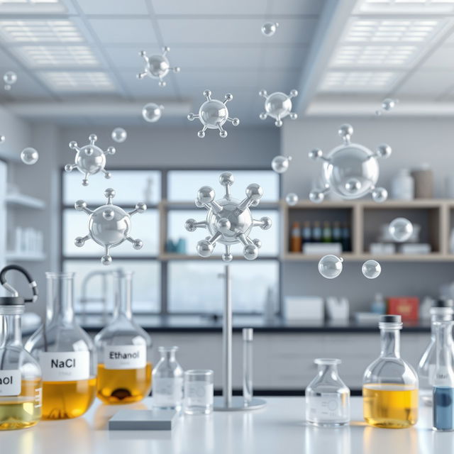 A realistic 3D image depicting gas atoms floating in the air inside a chemical laboratory