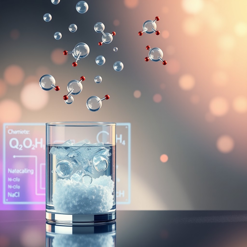 An enhanced abstract representation of molecular structures in chemistry, showcasing realistic molecules of water (H2O), oxygen (O2), nitrogen (N2), carbon dioxide (CO2), and noble gases suspended in the air