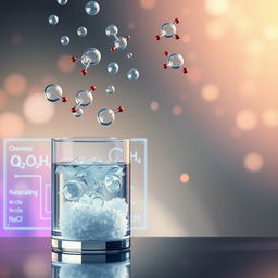 An enhanced abstract representation of molecular structures in chemistry, showcasing realistic molecules of water (H2O), oxygen (O2), nitrogen (N2), carbon dioxide (CO2), and noble gases suspended in the air
