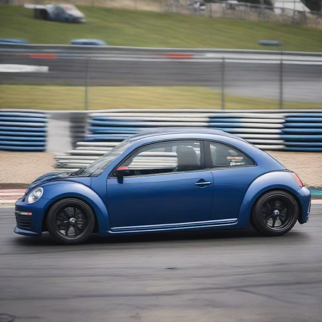 A souped-up indigo blue Volkswagen New Beetle race car engaged in a tense on-track battle with a heavily modified Abarth 500 on a speed-drenched race circuit.