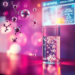 An enhanced abstract representation of molecular structures in chemistry, showcasing realistic molecules of water (H2O), oxygen (O2), nitrogen (N2), carbon dioxide (CO2), and noble gases suspended in the air
