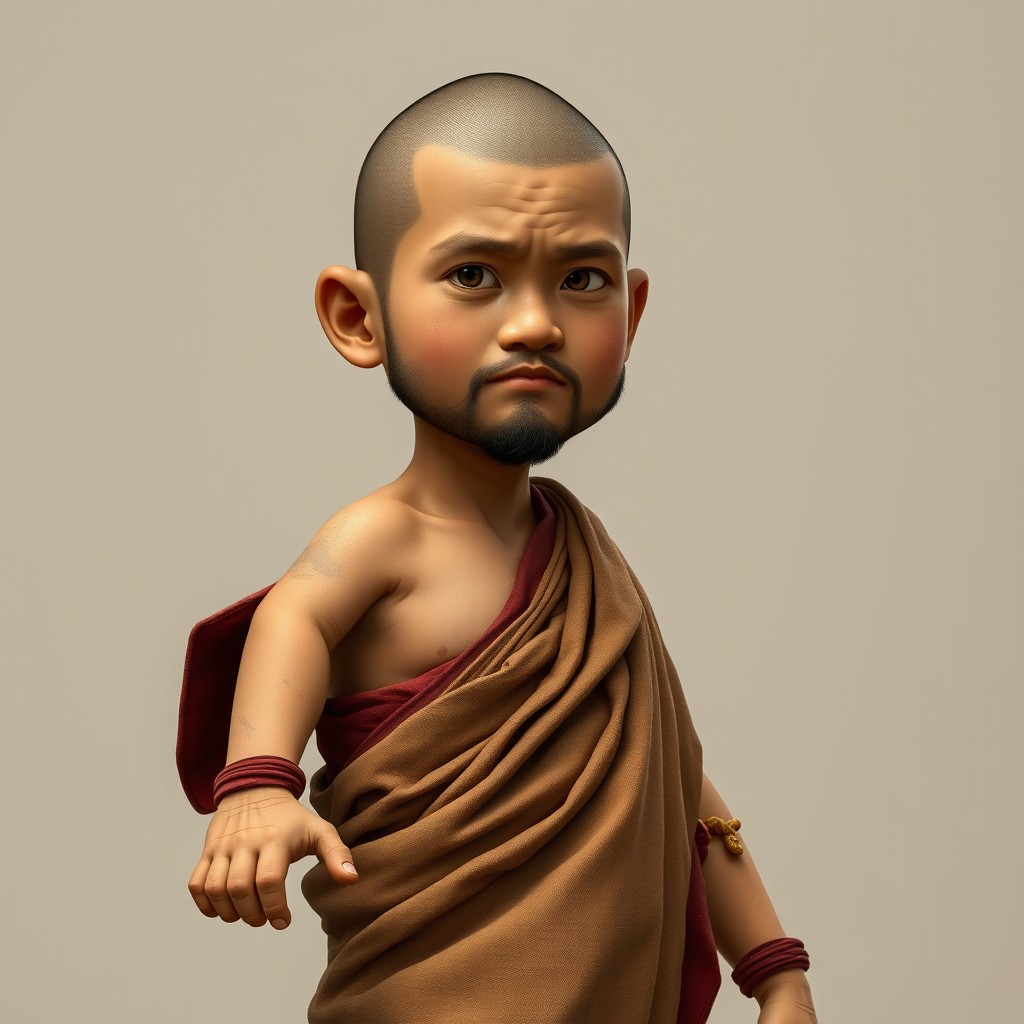 A medium-sized, muscular monk exuding calm strength, reminiscent of a miniature oak tree