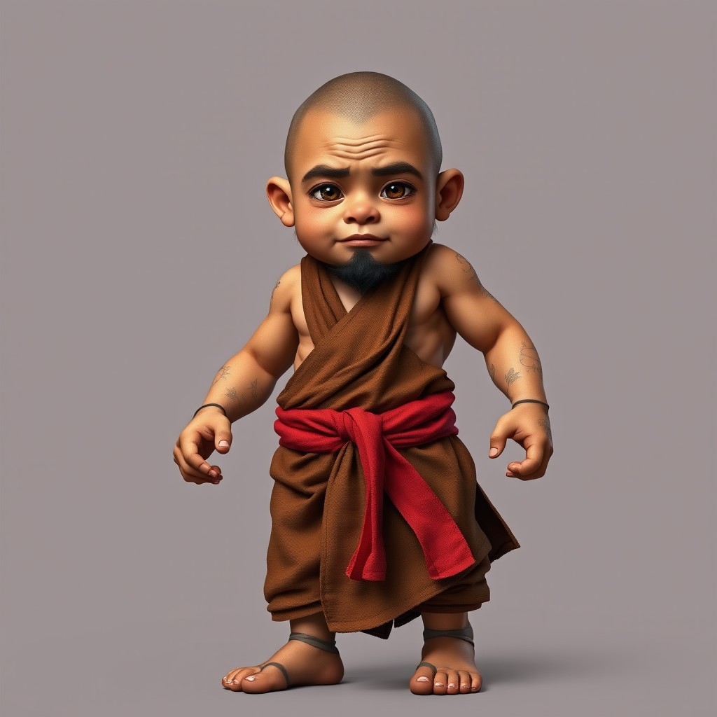 A stout, muscular monk, exuding calm strength reminiscent of a miniature oak tree