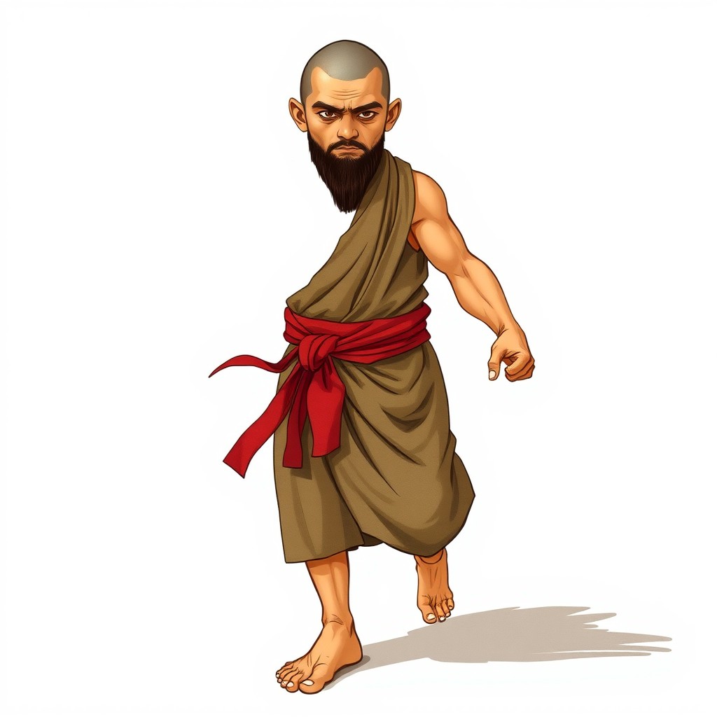A drawing of a medium-sized, muscular monk, aged 45, exuding calm strength reminiscent of a miniature oak tree