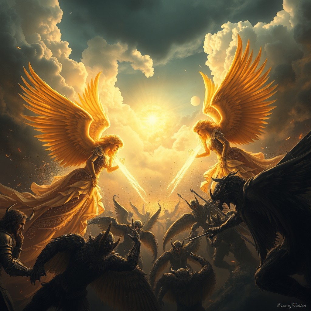 A dramatic scene depicting an epic conflict between angels and dark forces, emphasizing themes of light and darkness