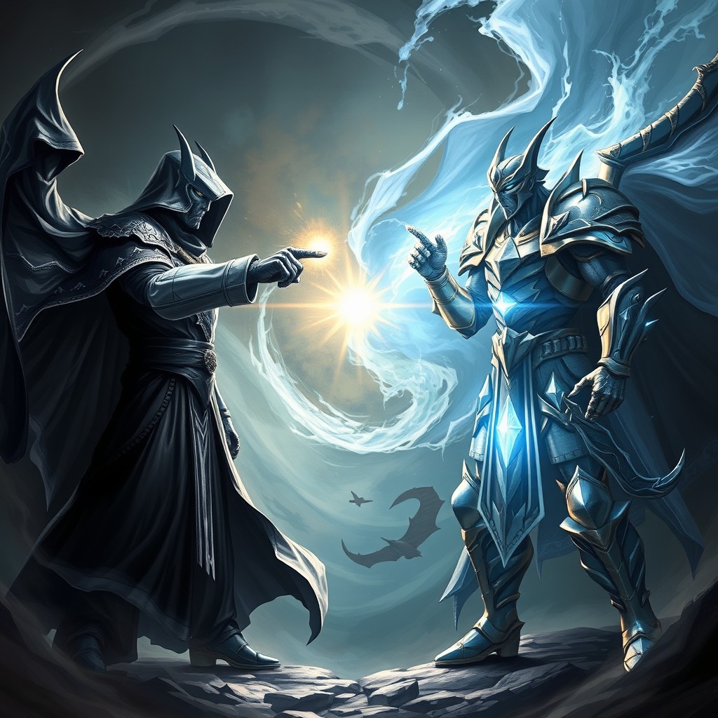 An intense and striking image of a battle between two guardians, the Guardian of Darkness and the Guardian of Light