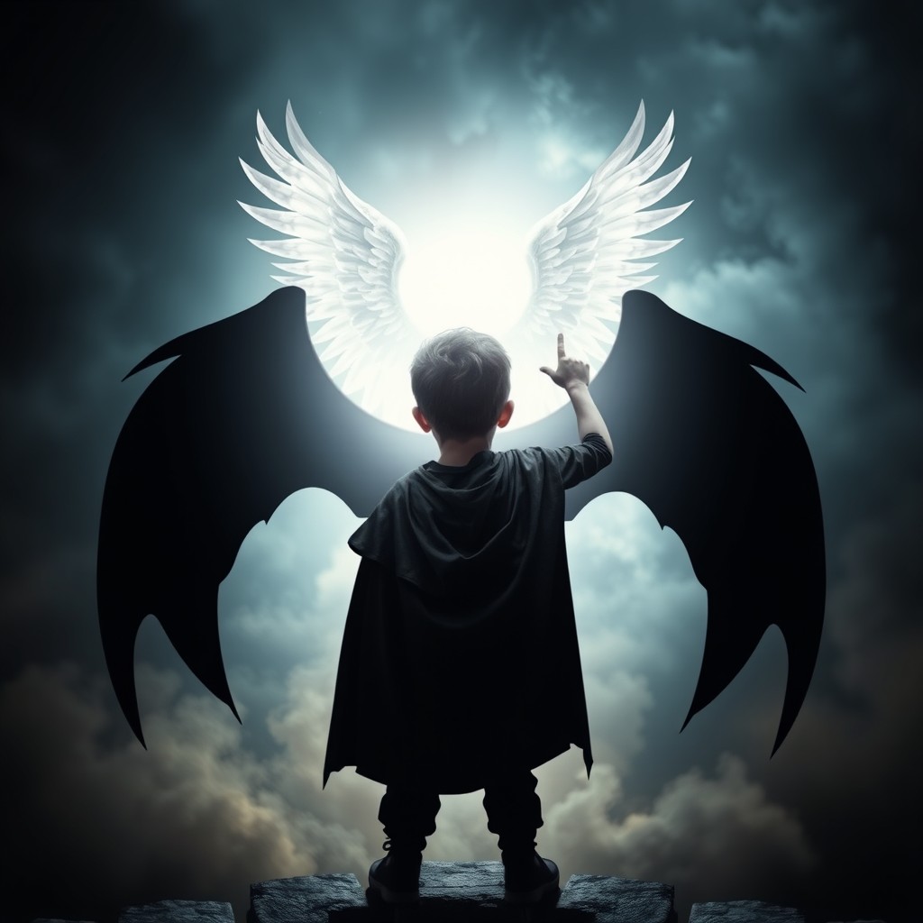 An evocative image featuring a young boy, seen from behind, embodying the Guardian of Darkness
