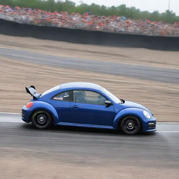 A souped-up indigo blue Volkswagen New Beetle race car engaged in a tense on-track battle with a heavily modified Abarth 500 on a speed-drenched race circuit.