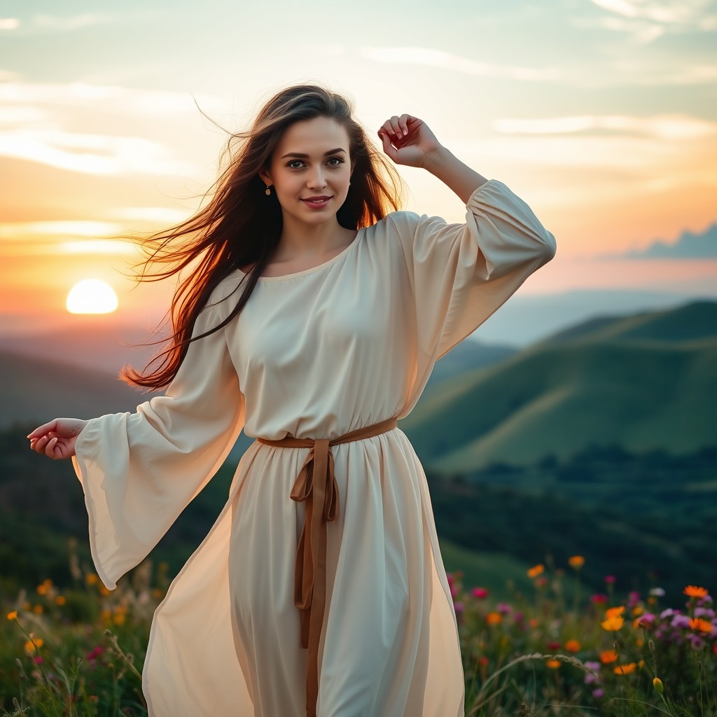 A young woman, shedding her monastic robes in a symbolic gesture of freedom, stands on a beautiful hill overlooking a vibrant sunset