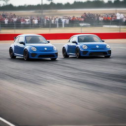 A souped-up indigo blue Volkswagen New Beetle race car engaged in a tense on-track battle with a heavily modified Abarth 500 on a speed-drenched race circuit.