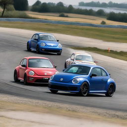 A souped-up indigo blue Volkswagen New Beetle race car engaged in a tense on-track battle with a heavily modified Abarth 500 on a speed-drenched race circuit.