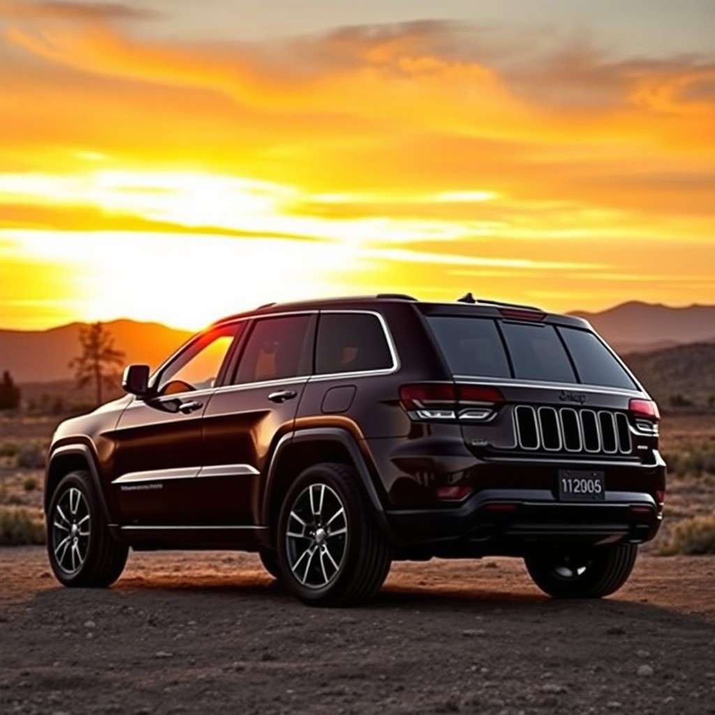 A sleek black Jeep Grand Cherokee WG parked in a scenic landscape with a sunset in the background