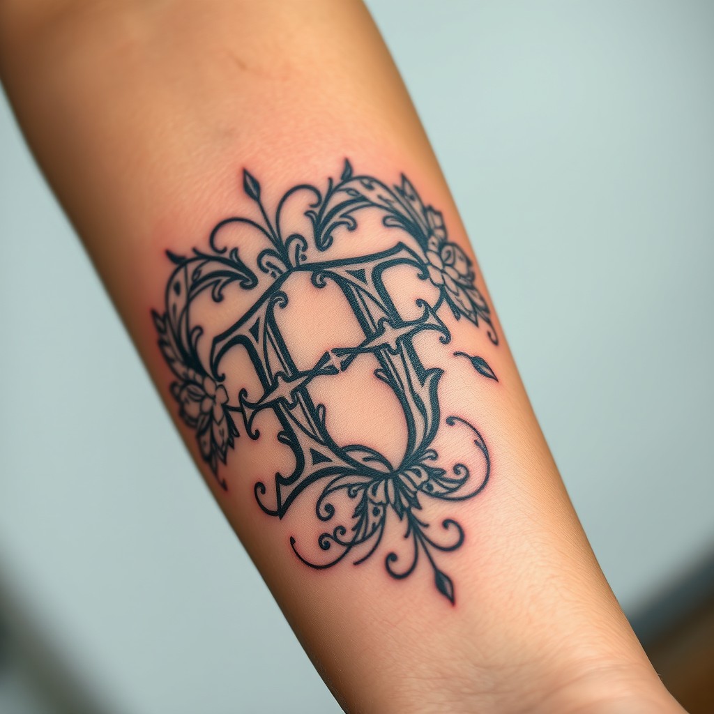 A close-up view of a beautifully detailed tattoo featuring the letters 'PF', intricately designed with ornate patterns and floral elements intertwined with the letters