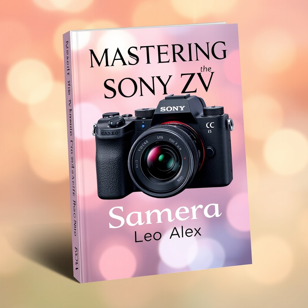 A stylish and modern book cover design titled 'Mastering the Sony ZV Camera' by Leo Alex