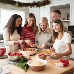 A heartwarming scene of two parents and their three teenage daughters together in the kitchen, cooking a delightful holiday meal and joyfully exchanging presents infused with love and holiday magic