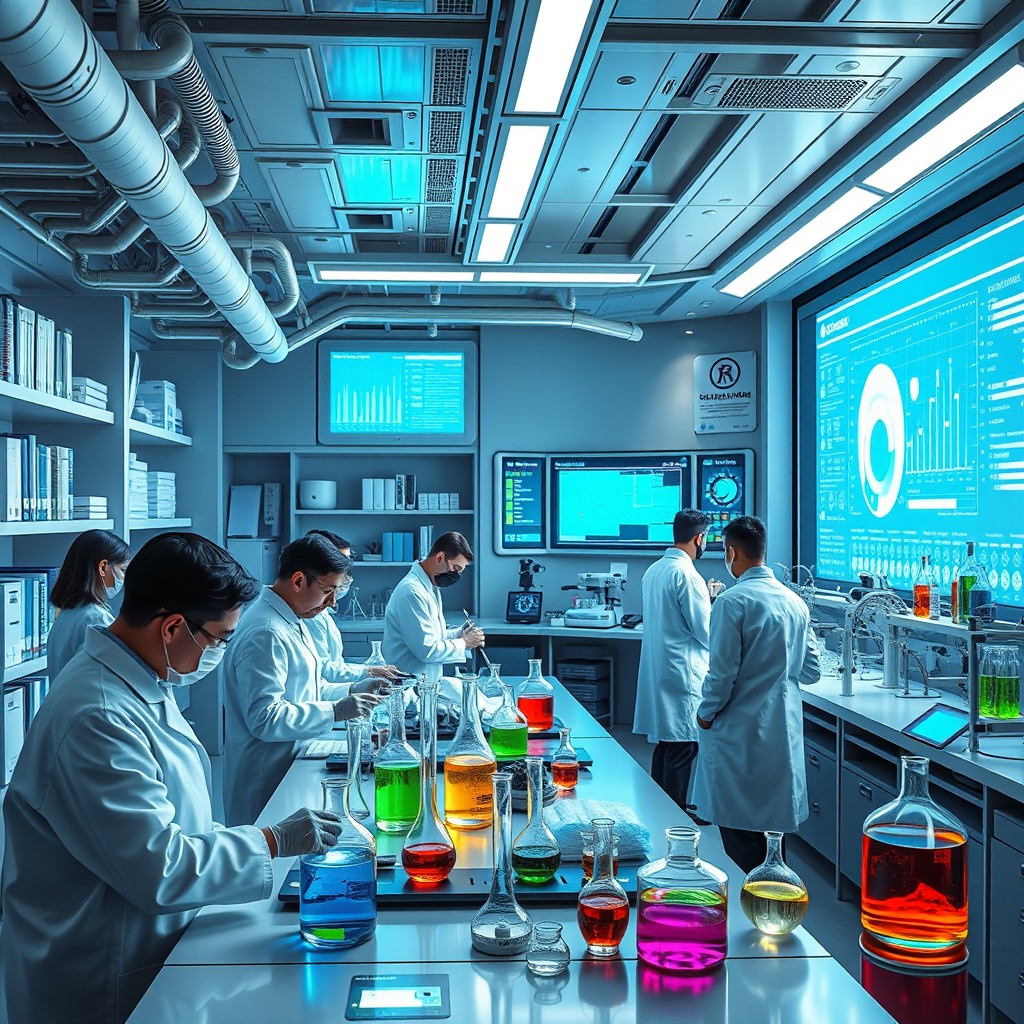 A futuristic laboratory with advanced technology, scientists in lab coats conducting experiments, vibrant colored liquids in glass beakers, high-tech equipment with glowing screens, a large digital display showing complex data, shelves filled with scientific books and equipment, bright lighting creating a sterile and innovative atmosphere, an emphasis on teamwork and discovery