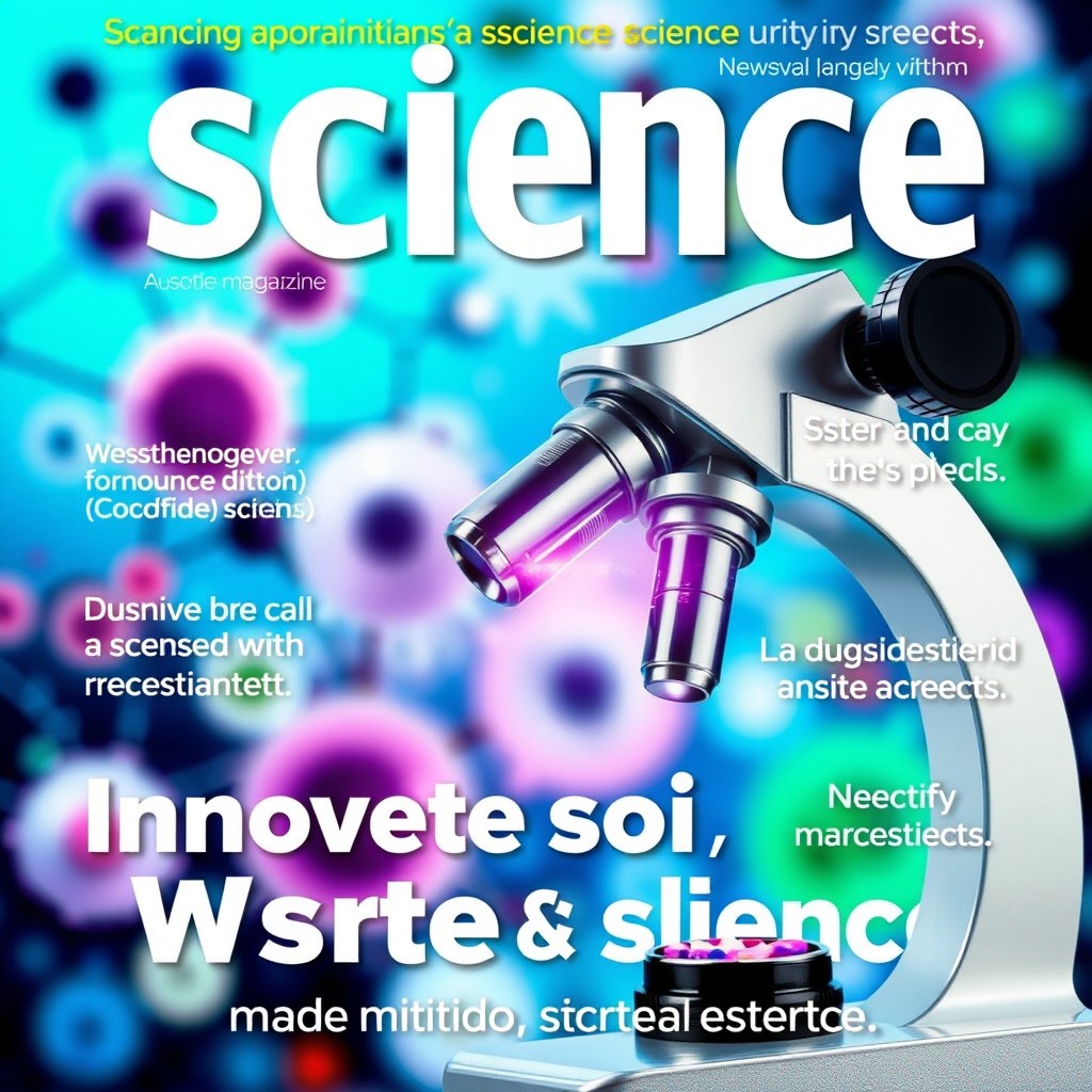 A visually striking science magazine cover featuring a modern microscope in the foreground