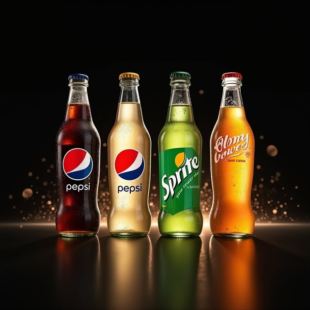 A stylish horizontal arrangement of four popular soft drink bottles: Pepsi, Diet Pepsi, Sprite, and Ginger Ale