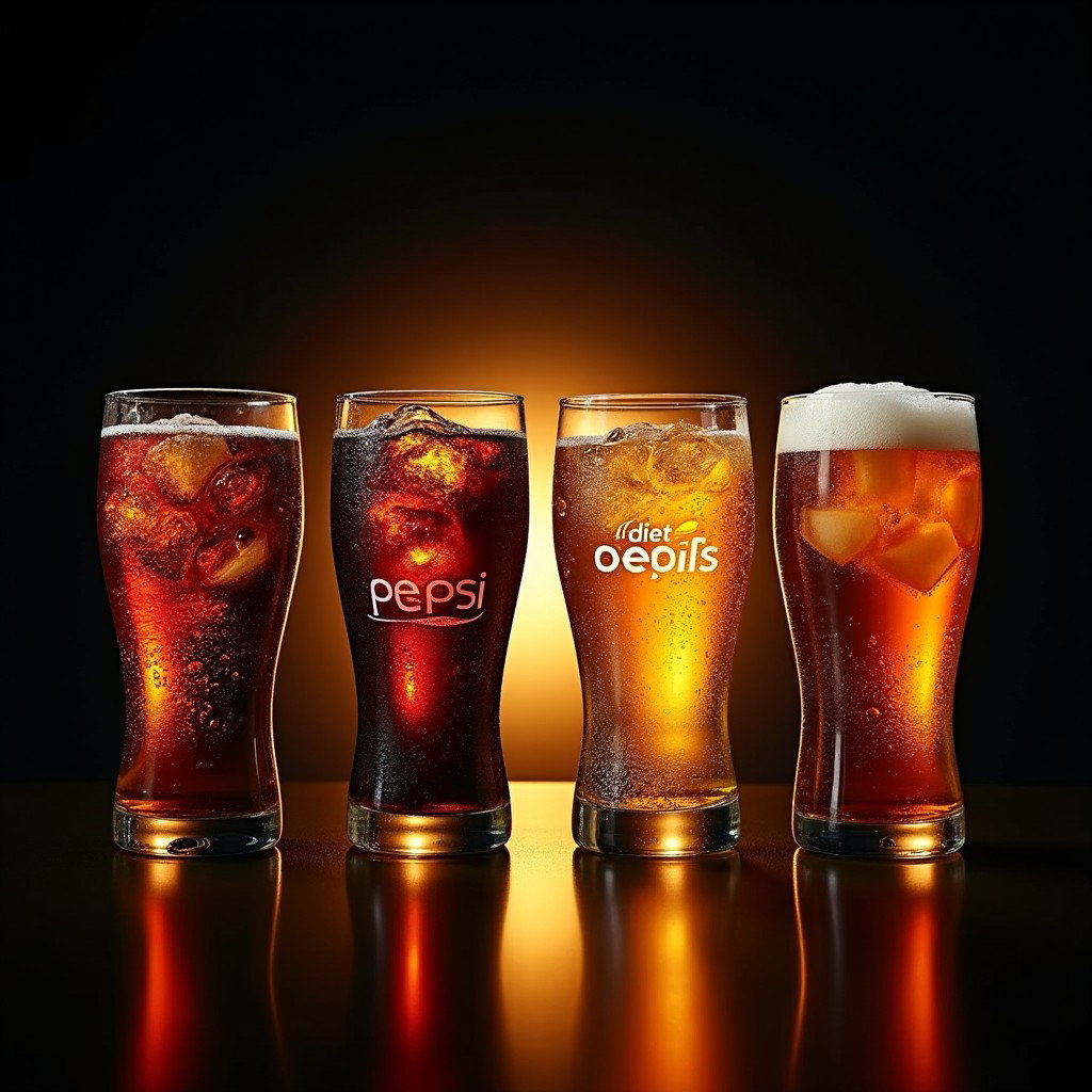 An elegant horizontal arrangement of four glasses filled with soft drinks: Pepsi, Diet Pepsi, Sprite, and Ginger Ale, displayed side by side