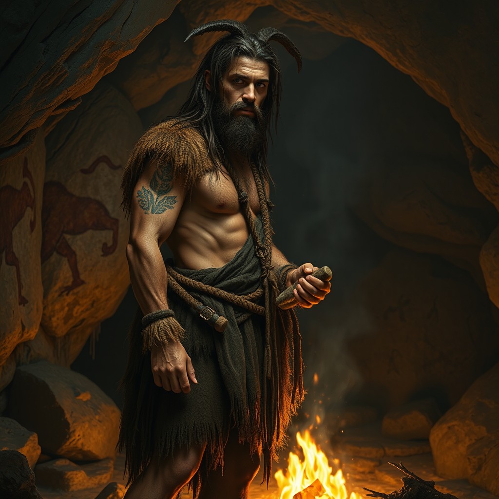 A realistic depiction of a prehistoric cave person standing in a cave, wearing primitive clothing made of animal skins