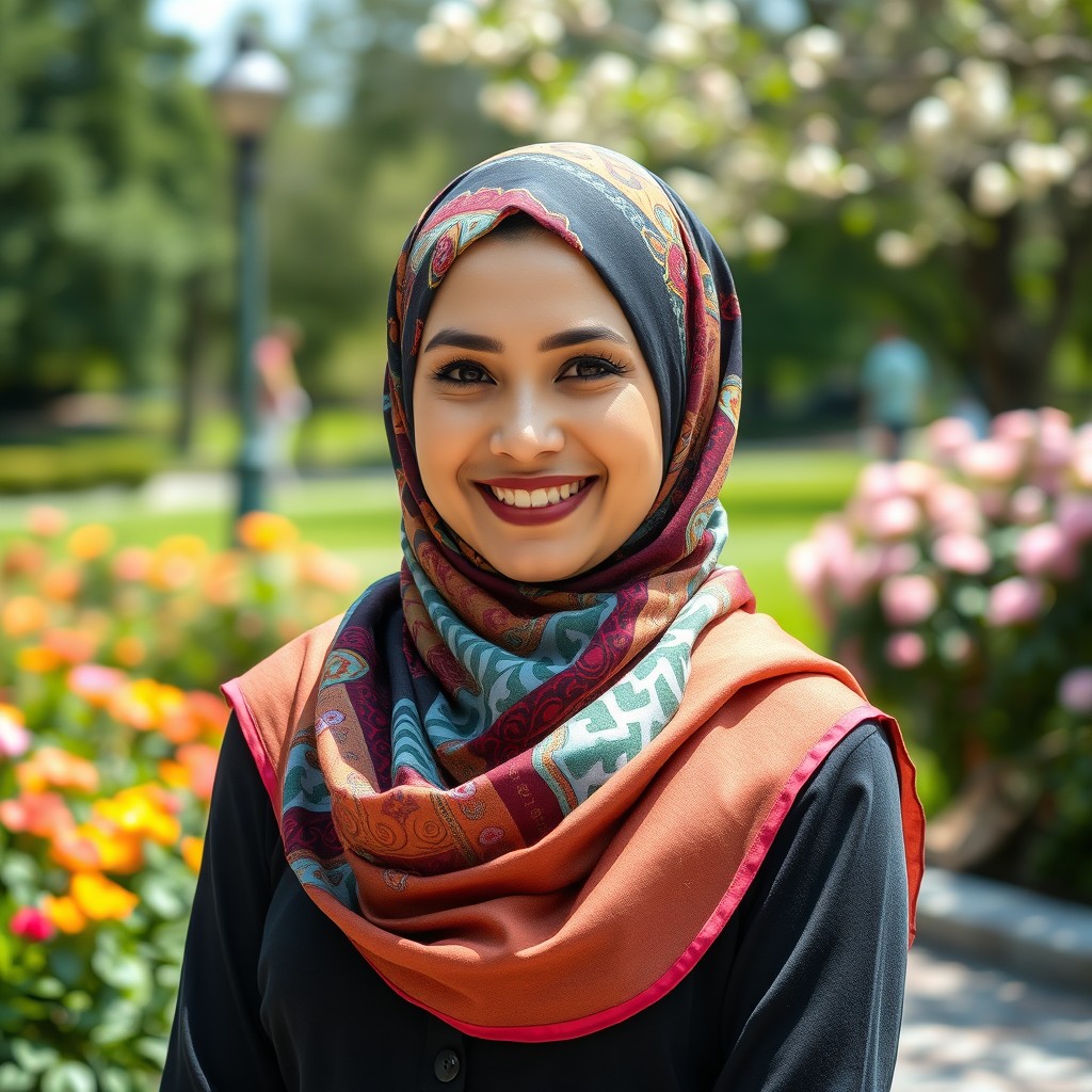 A beautiful woman wearing a stylish hijab, elegantly draped, with vibrant patterns and colors