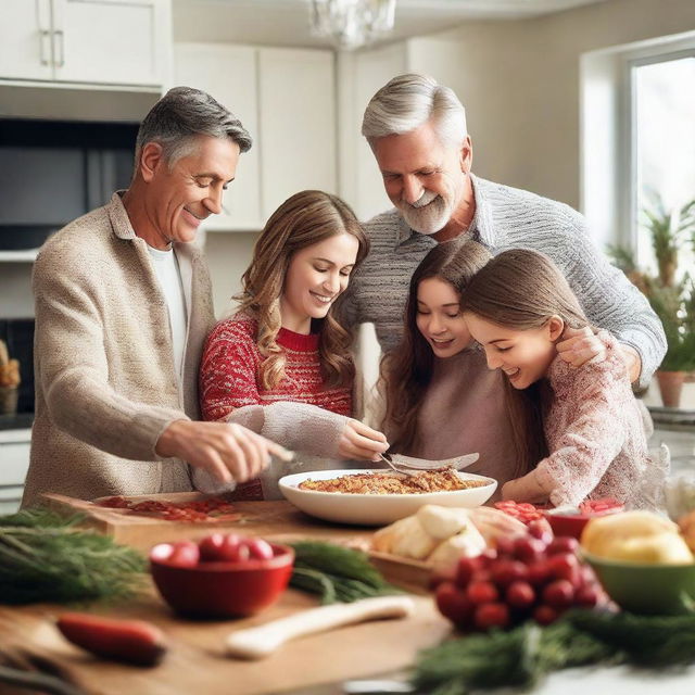 A heartwarming scene of two parents and their three teenage daughters together in the kitchen, cooking a delightful holiday meal and joyfully exchanging presents infused with love and holiday magic