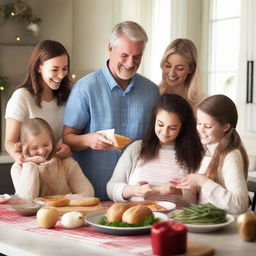 A heartwarming scene of two parents and their three teenage daughters together in the kitchen, cooking a delightful holiday meal and joyfully exchanging presents infused with love and holiday magic