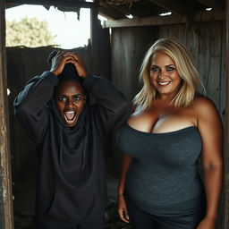 Inside an abandoned, run-down shack, a 19-year-old malnourished black African woman displays a sense of desperation, with her hands on her head and her wide eyes reflecting panic