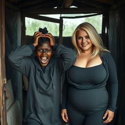 Inside an abandoned, run-down shack, a 19-year-old malnourished black African woman displays a sense of desperation, with her hands on her head and her wide eyes reflecting panic
