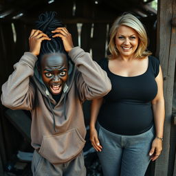 In an abandoned poor shack, a desperate young African woman of 19 years is depicted in a striking pose