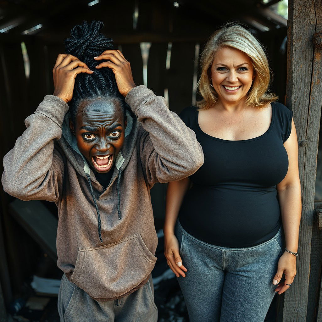 In an abandoned poor shack, a desperate young African woman of 19 years is depicted in a striking pose