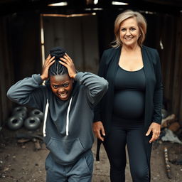 In an abandoned poor shack, a desperate young African woman of 19 years is depicted in a striking pose