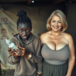 In an abandoned poor shack, a desperate and sinister-looking young African woman, 19 years old, is holding a baby bottle