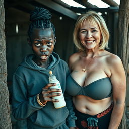In an abandoned poor shack, a desperate and sinister-looking young African woman, 19 years old, is holding a baby bottle