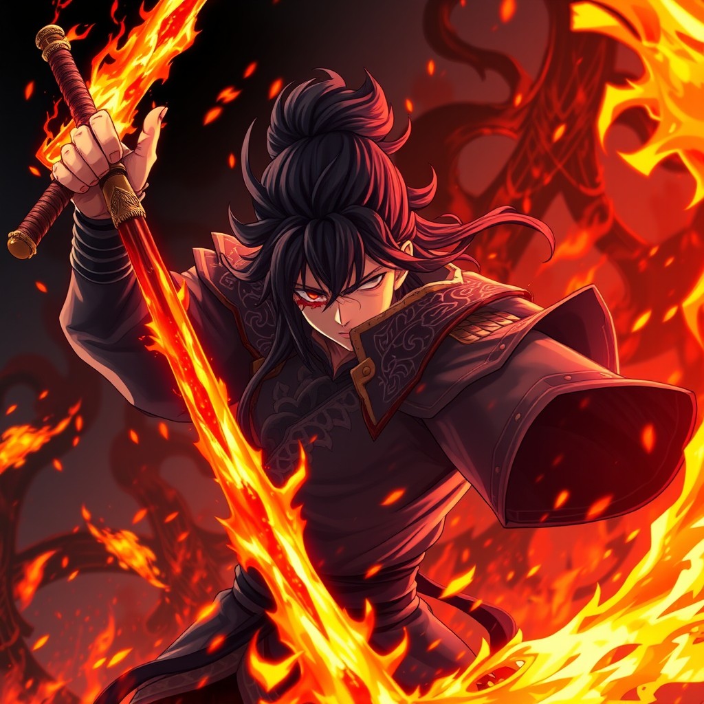 A digital anime painting of Kyojuro Rengoku from Demon Slayer, posed in a dynamic, fiery attack stance with his flaming sword raised high