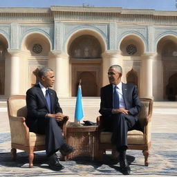 President Obama and President Mirziyoyev meeting in Uzbekistan with notable Uzbek architecture in the background