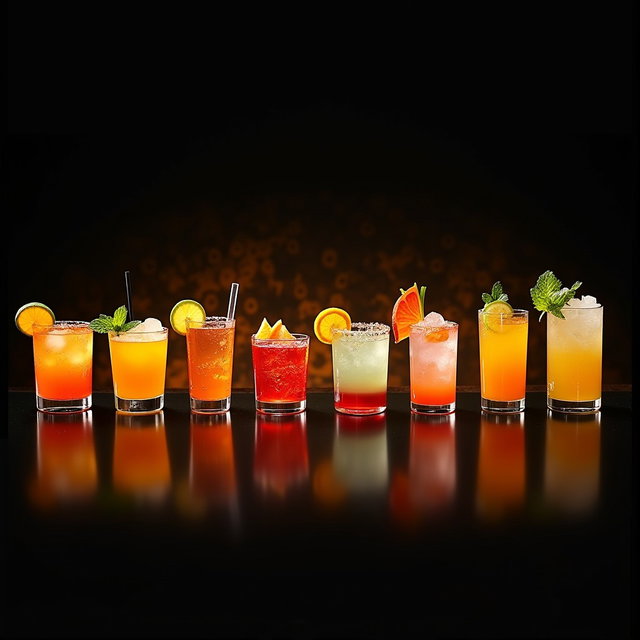 A vibrant arrangement of twelve exquisite cocktails displayed one after another on a rich black background