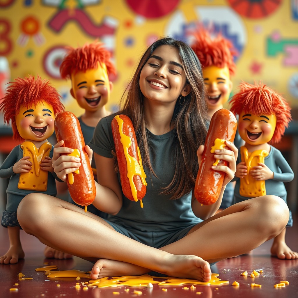 A beautiful young Latina woman, 18 years old, seated in a criss-cross position, smiling with her eyes closed