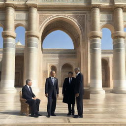 President Obama and President Mirziyoyev meeting in Uzbekistan with notable Uzbek architecture in the background