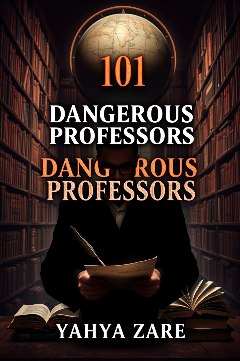 A captivating book cover design for '101 Dangerous Professors' by Yahya Zare, featuring a vintage scholarly setting