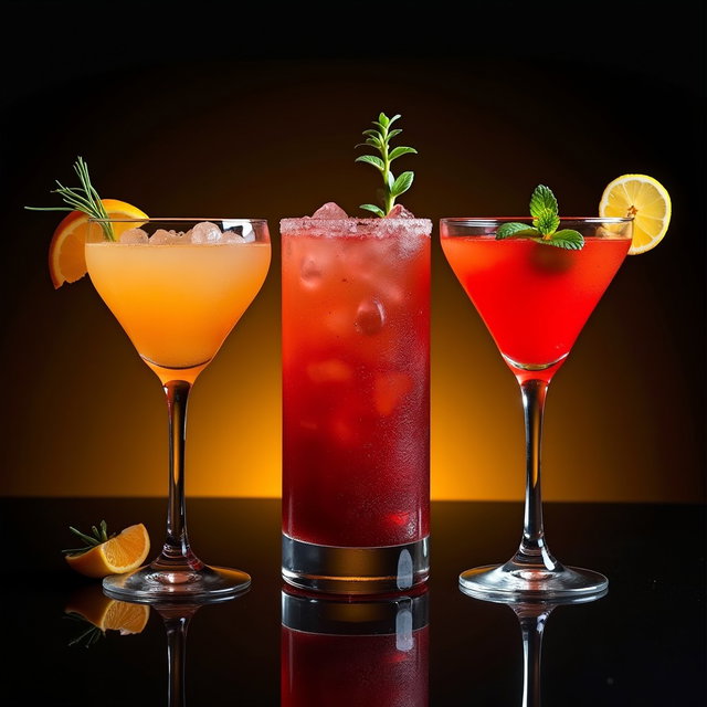 A vibrant arrangement of cocktails featuring three distinct drinks: one orange cocktail, one cranberry cocktail, and one tomato cocktail, beautifully lined up next to each other against a sleek black background