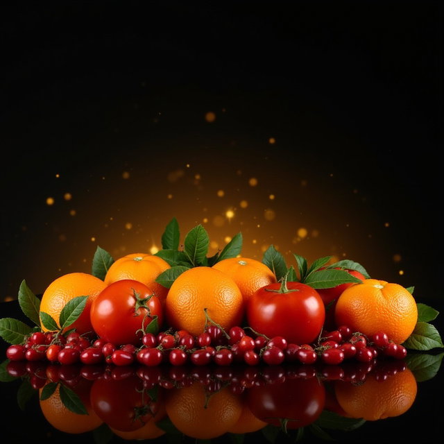 An enticing arrangement of fresh fruits including vibrant oranges, juicy cranberries, and ripe tomatoes, artfully lined up against a striking black background