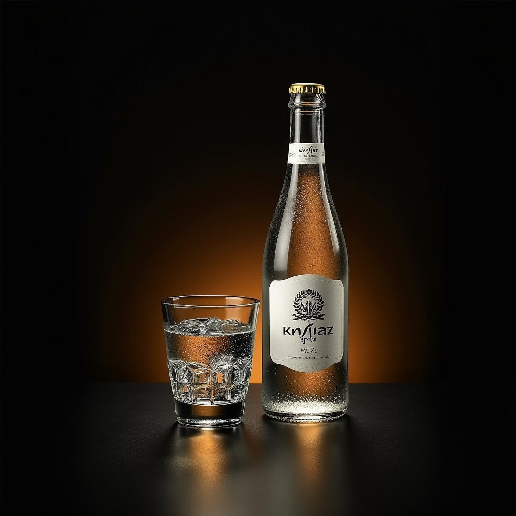 A visually appealing arrangement featuring a bottle of Knjaz Miloš water alongside a clear glass of water, both elegantly displayed on a rich black background