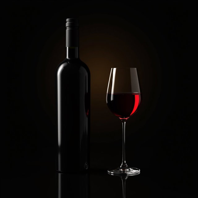 A sophisticated presentation featuring a red wine bottle without a label and a glass of red wine filled halfway, elegantly displayed side by side
